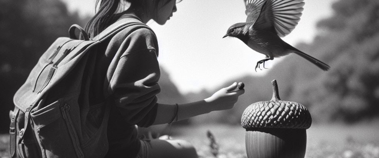 Black and white photo of a girl holding hand out to a flying bird whilst sitting next to a large acorn.